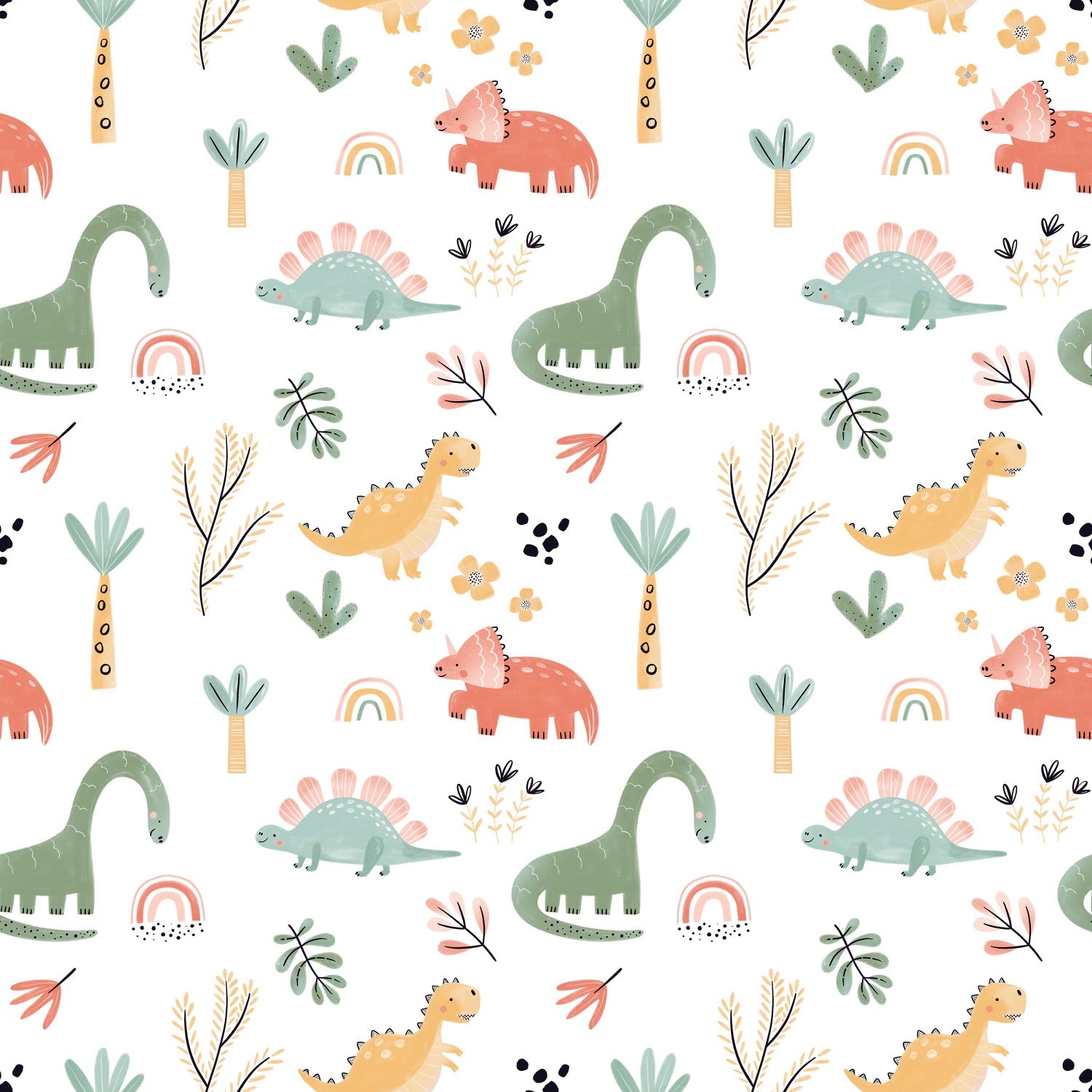 Close-up of the Dinosaur Nursery Wallpaper, highlighting the intricate details of the cute dinosaur characters and accompanying botanical elements in a soft, pastel color scheme, perfect for a nurturing and creative nursery environment.