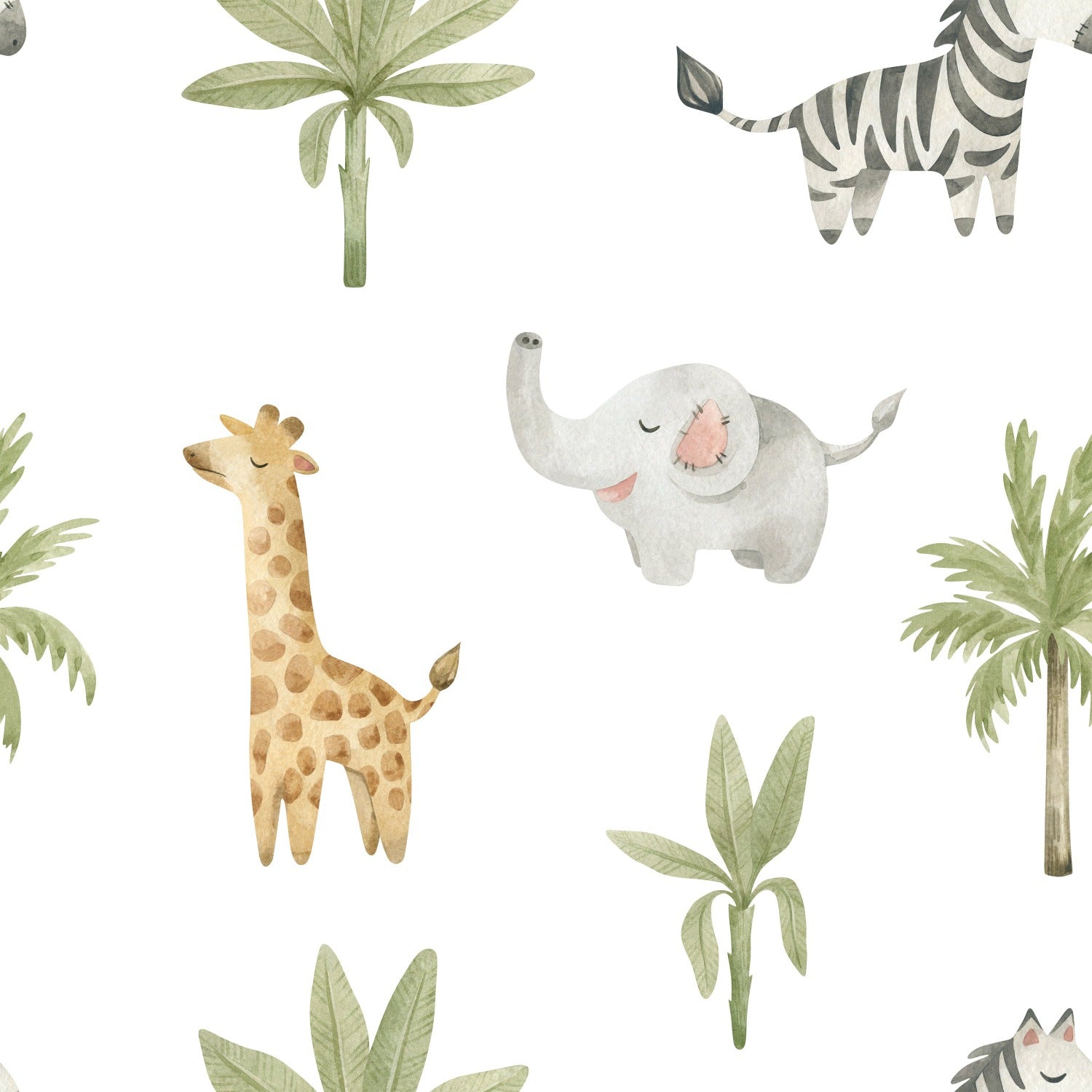 A whimsical wallpaper design with watercolor jungle animals such as a smiling elephant, a long-necked giraffe, and a striped zebra interspersed with tropical foliage on a white background