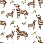 Playful watercolor zebra pattern with green foliage accents for children's room decor