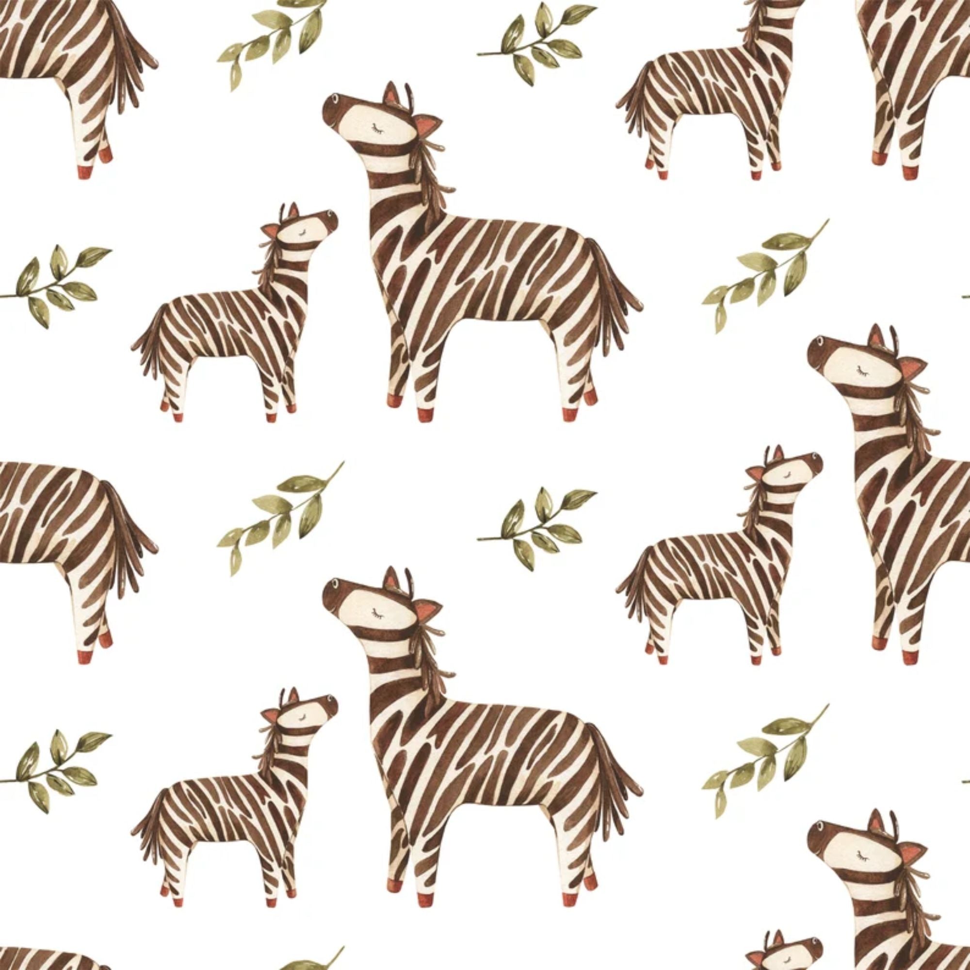 Playful watercolor zebra pattern with green foliage accents for children's room decor