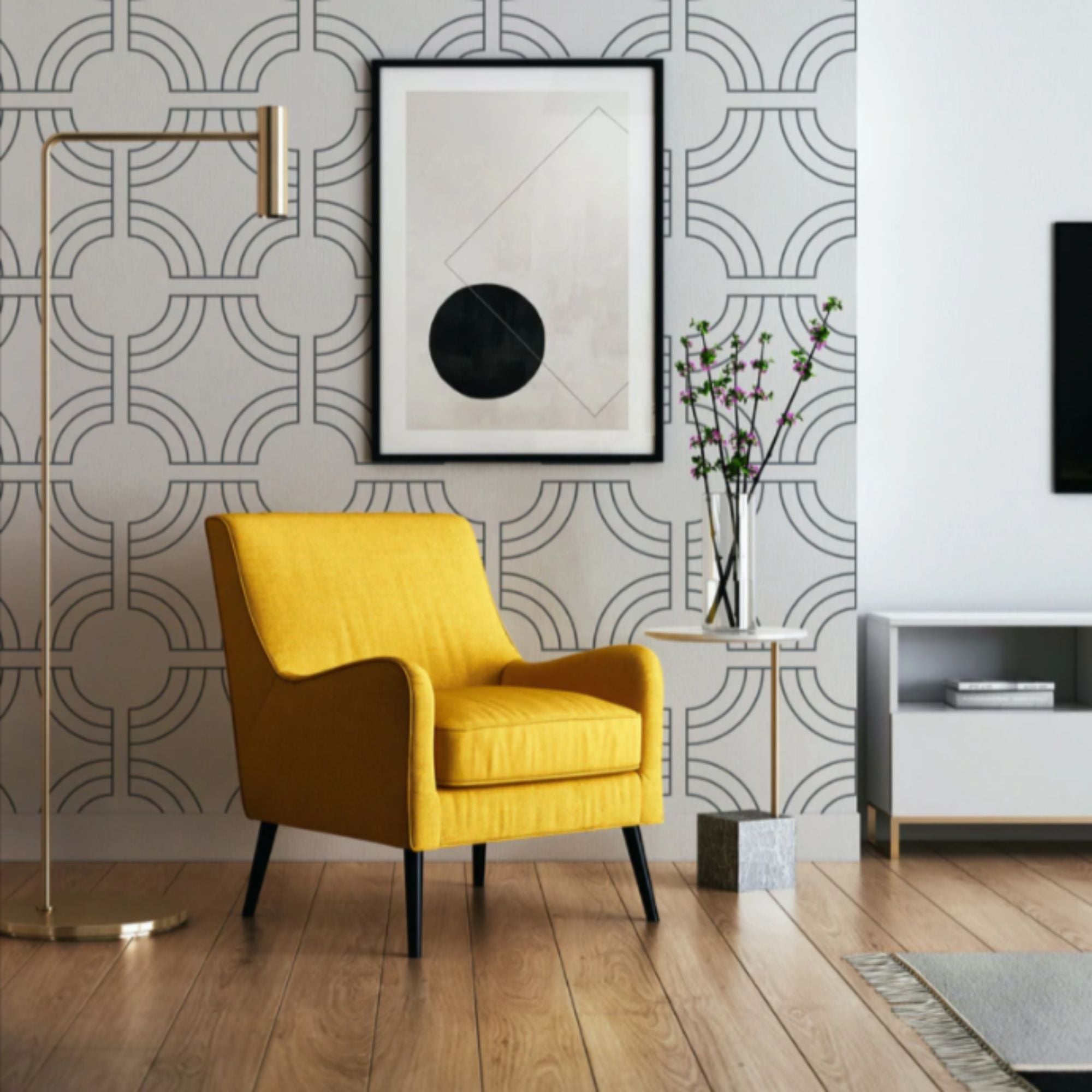 A bright room is adorned with the Geometric Wallpaper, providing an elegant and dynamic backdrop for a mustard yellow armchair. The wallpaper's strong lines and curves form a striking contrast with the vibrant furniture and minimalist decor, illustrating a perfect blend of form and color.