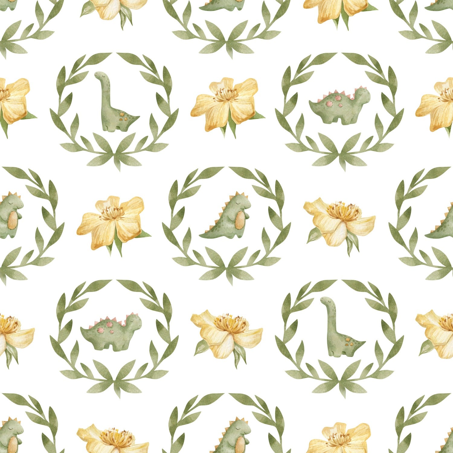 Seamless pattern of baby dinosaurs and flowers in watercolor style for nursery wallpaper.
