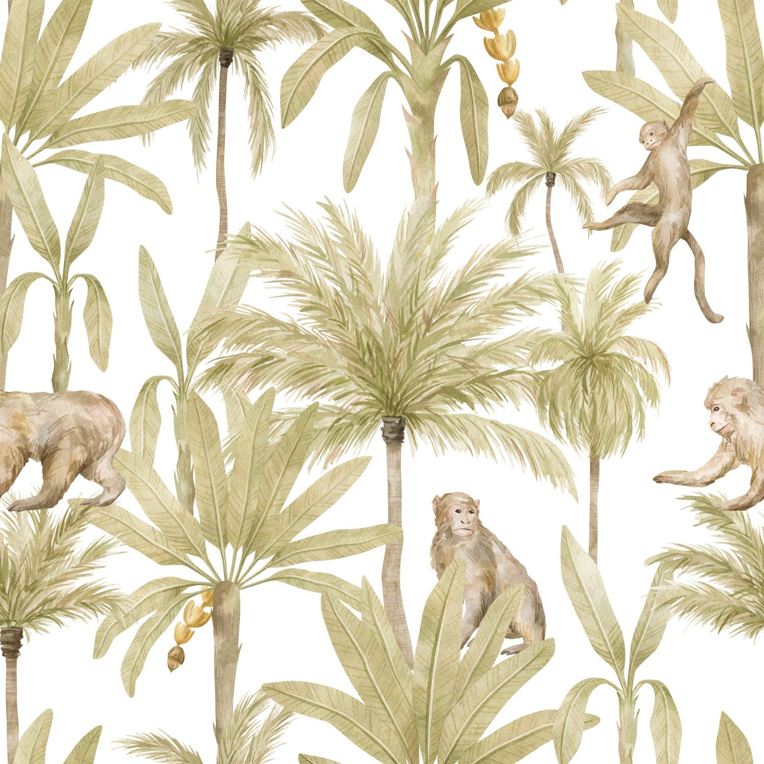 Close-up view of the Magic Morocco Jungle Wallpaper featuring detailed illustrations of various jungle elements, including palm trees, monkeys, and elephants, set in soft green and beige tones to create a lively jungle scene.