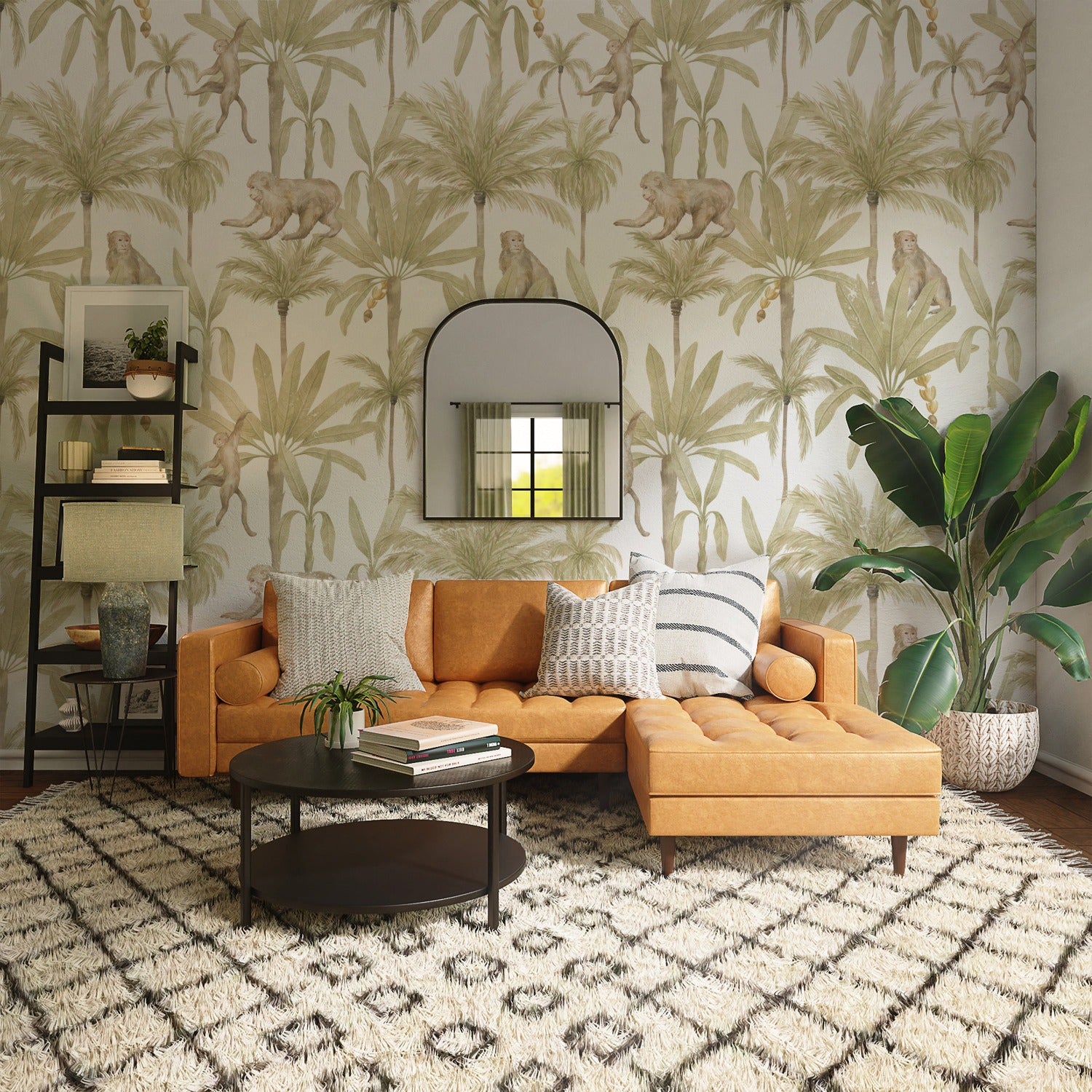 A stylish living room decorated with Magic Morocco Jungle Wallpaper, where palm trees and playful monkeys in soft green hues complement the vibrant orange sectional sofa, creating a lively and exotic interior space.