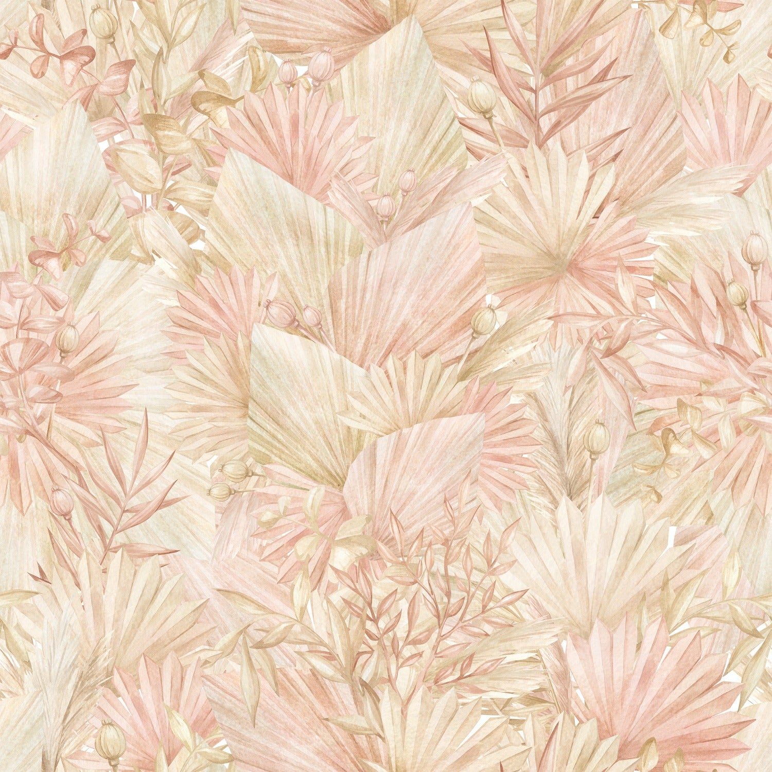 A close-up view of the Floral Tropical Wallpaper, displaying an intricate design of tropical leaves and plants in soft pastel shades of pink, beige, and green. The hand-painted style adds a delicate and artistic touch.