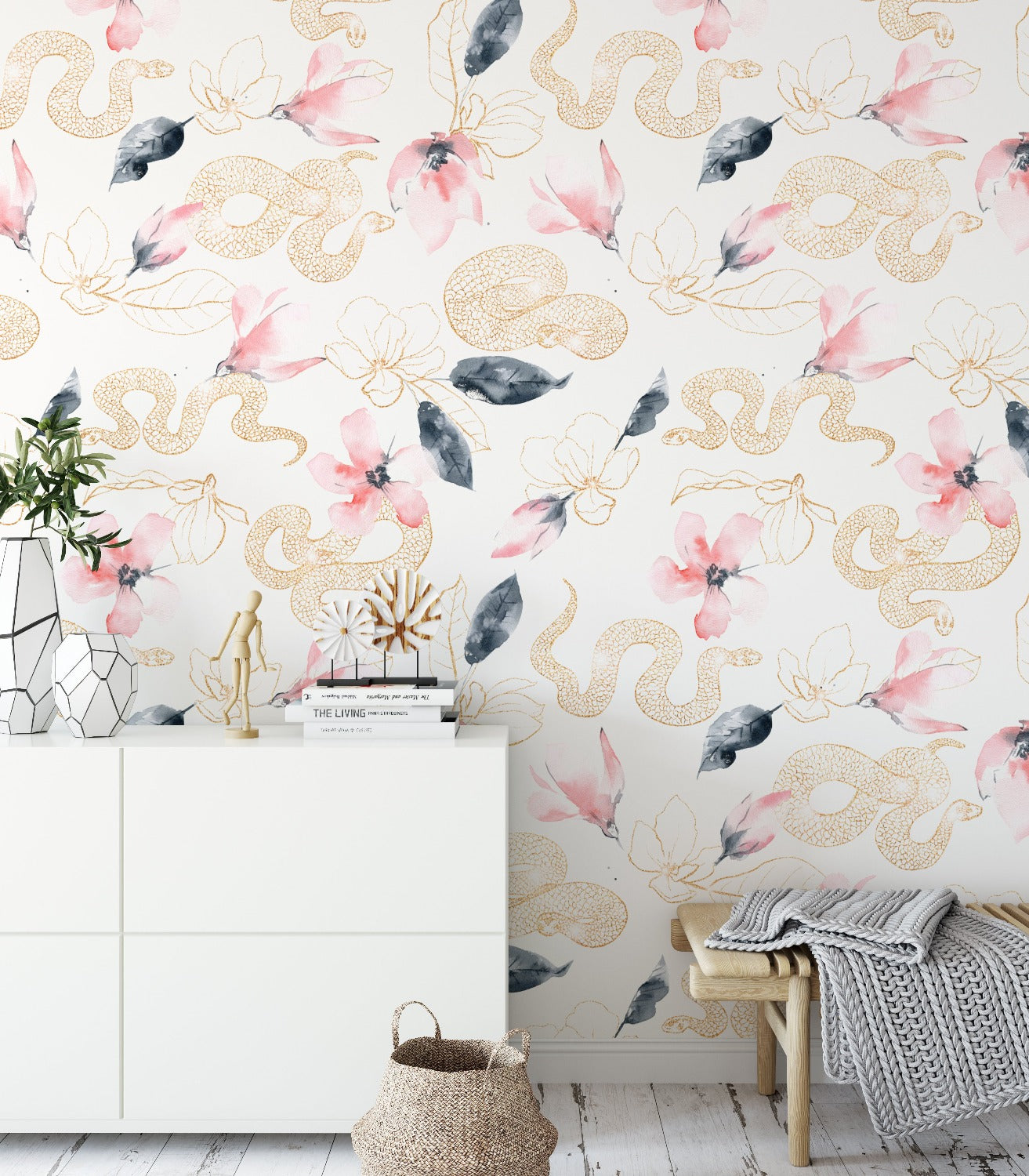 Elegant interior with Gold Snake Wallpaper featuring pink flowers and golden snakes on white background