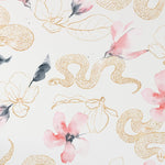 Close-up of Gold Snake Wallpaper with pink floral design and golden snake illustrations