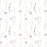 Close-up view of the Pressed Flowers Wallpaper. The wallpaper features a delicate and charming design of various pressed flowers and stems in soft pastel colors against a white background, creating a natural and whimsical look.