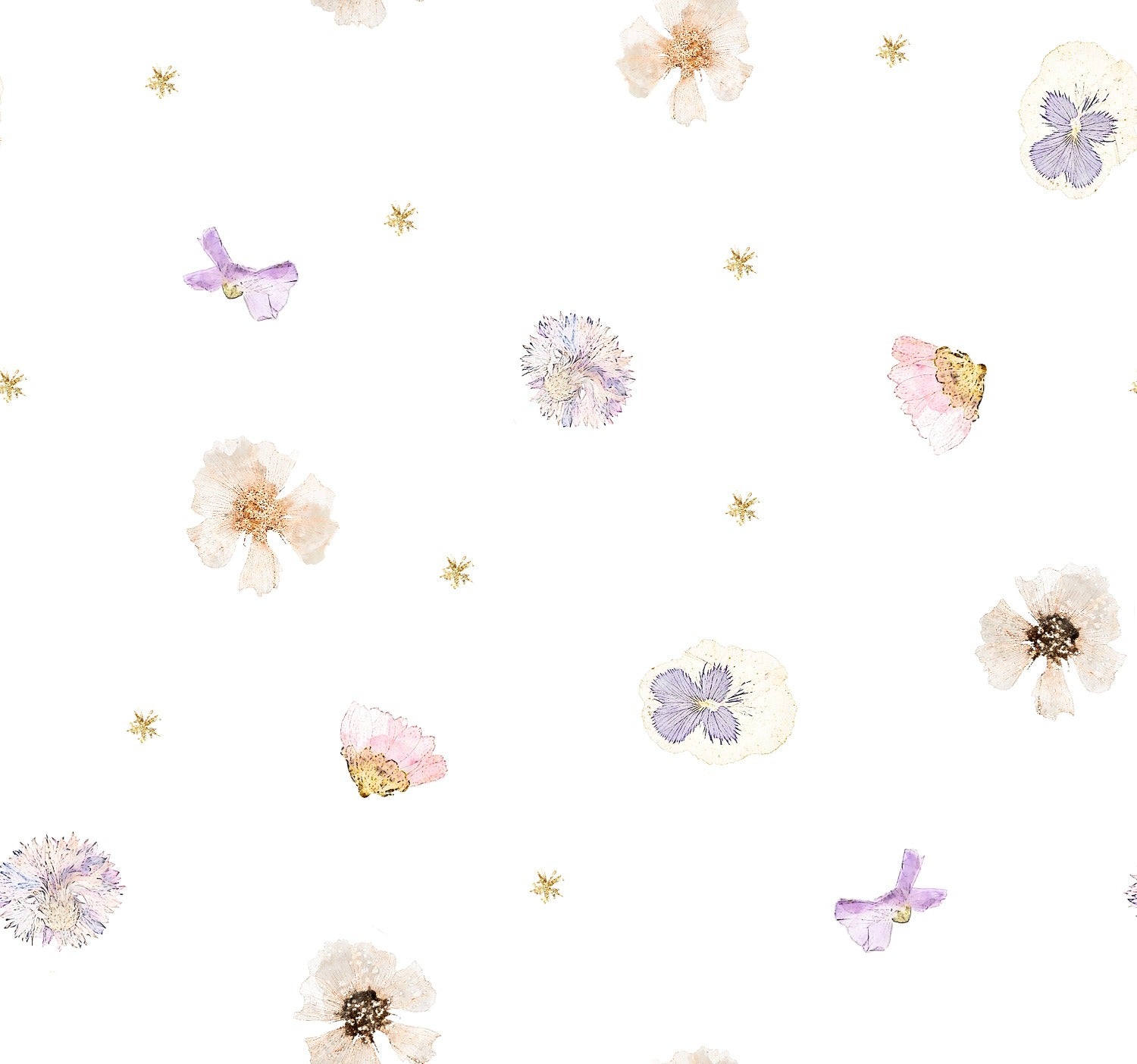 Detailed pattern of Pressed Flowers II Wallpaper featuring various pastel-colored flowers and small golden stars on a white background.