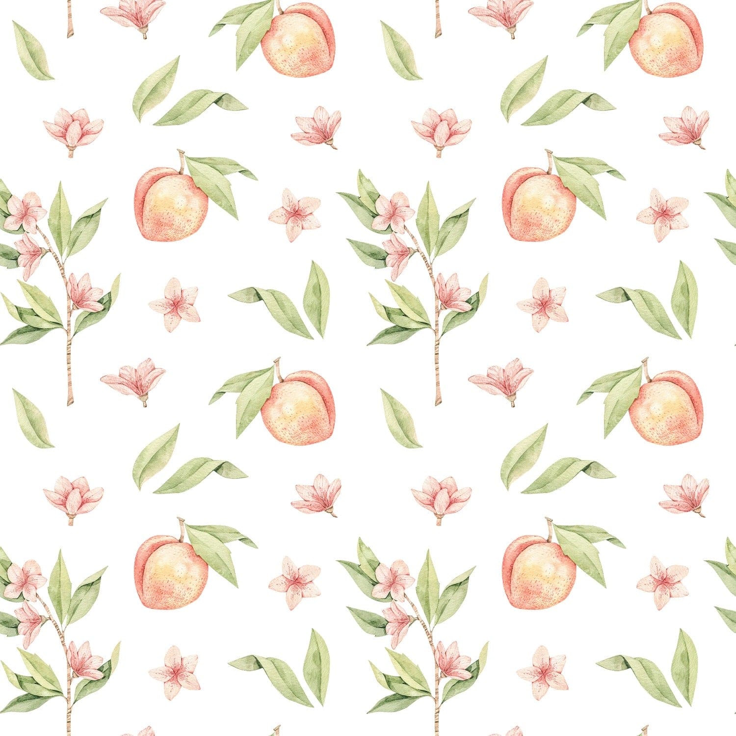 Organic Peach Wallpaper featuring a charming design of watercolor peaches, green leaves, and pink flowers on a white background