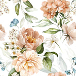 Close-up view of Dutch Floral Wallpaper, showcasing a detailed watercolor floral pattern with large peach and pink flowers, green leaves, and white background.