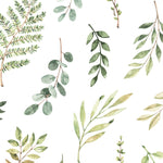 A seamless pattern of Green Foliage Wallpaper showcasing an array of hand-drawn green leaves and branches in various shades on a white background.