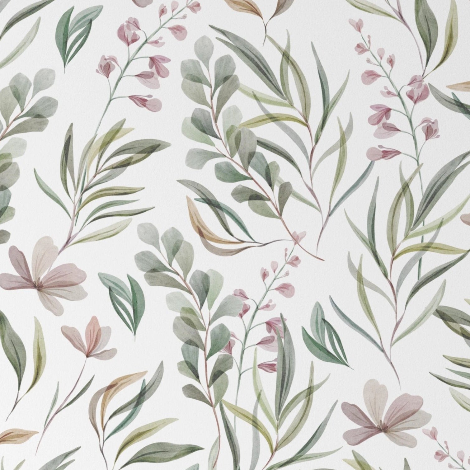 A detailed view of the Botanic Floral Wallpaper showcasing its intricate design with shades of green leaves and pink flowers on a clean white background. The hand-painted watercolor style of the wallpaper exudes a fresh and natural vibe.