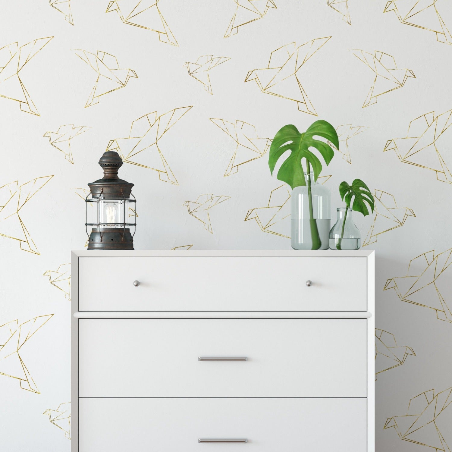 Contemporary room with Gold Origami Wallpaper - Gold Dove pattern. The wallpaper showcases intricate gold doves created from geometric lines, enhancing the room's modern and tranquil ambiance.