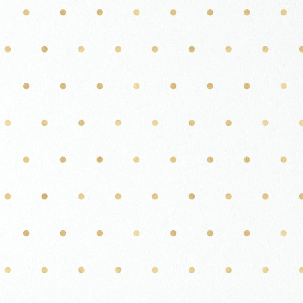 An up-close view of the Gold Polka Dots Wallpaper featuring evenly spaced, shimmering gold dots over a clean white background, offering a simple yet glamorous touch to wall decor.
