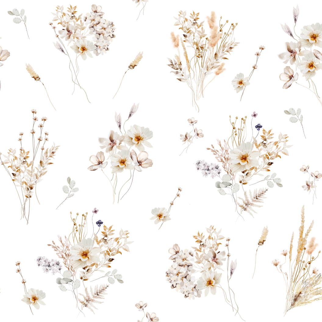 A close-up of the 'Meadow Muse Wallpaper', highlighting the detailed botanical illustrations of meadow flowers in muted colors, creating a sense of calm and rustic elegance.