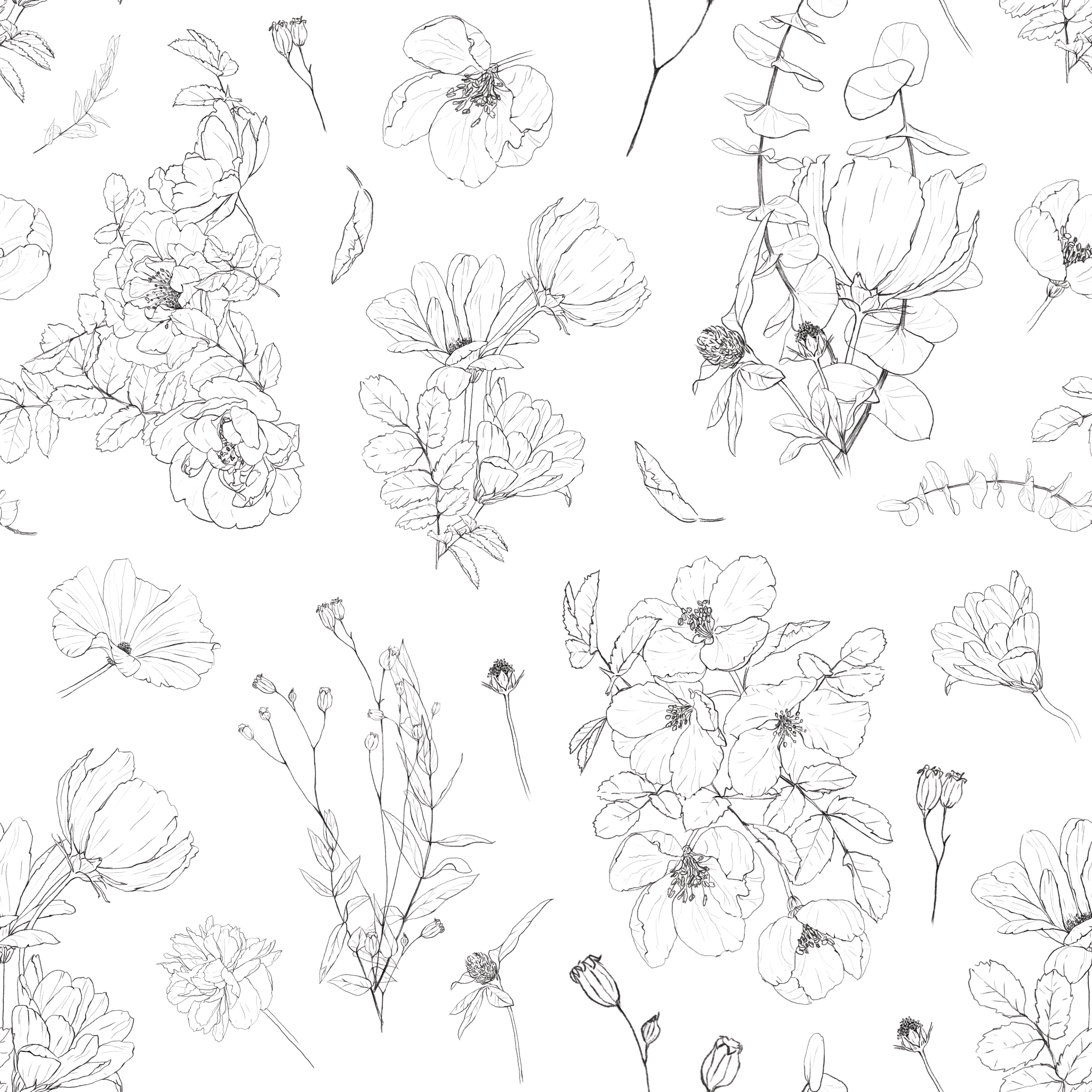 Close-up of 'Wildflower Sketch Wallpaper' detailing the delicate lines and details of various wildflowers and leaves in a seamless hand-drawn sketch pattern, creating a sophisticated and naturalistic black and white illustration.