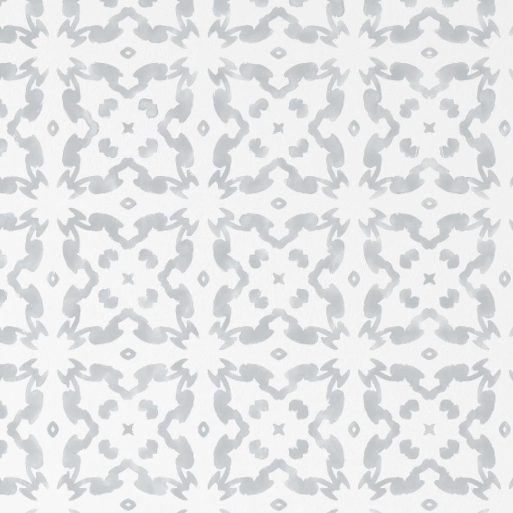 Close-up of Geometric Watercolour Tile Wallpaper VII, displaying an intricate pattern of gray watercolor geometric shapes on a white background, creating a serene and modern ambiance suitable for various living spaces.