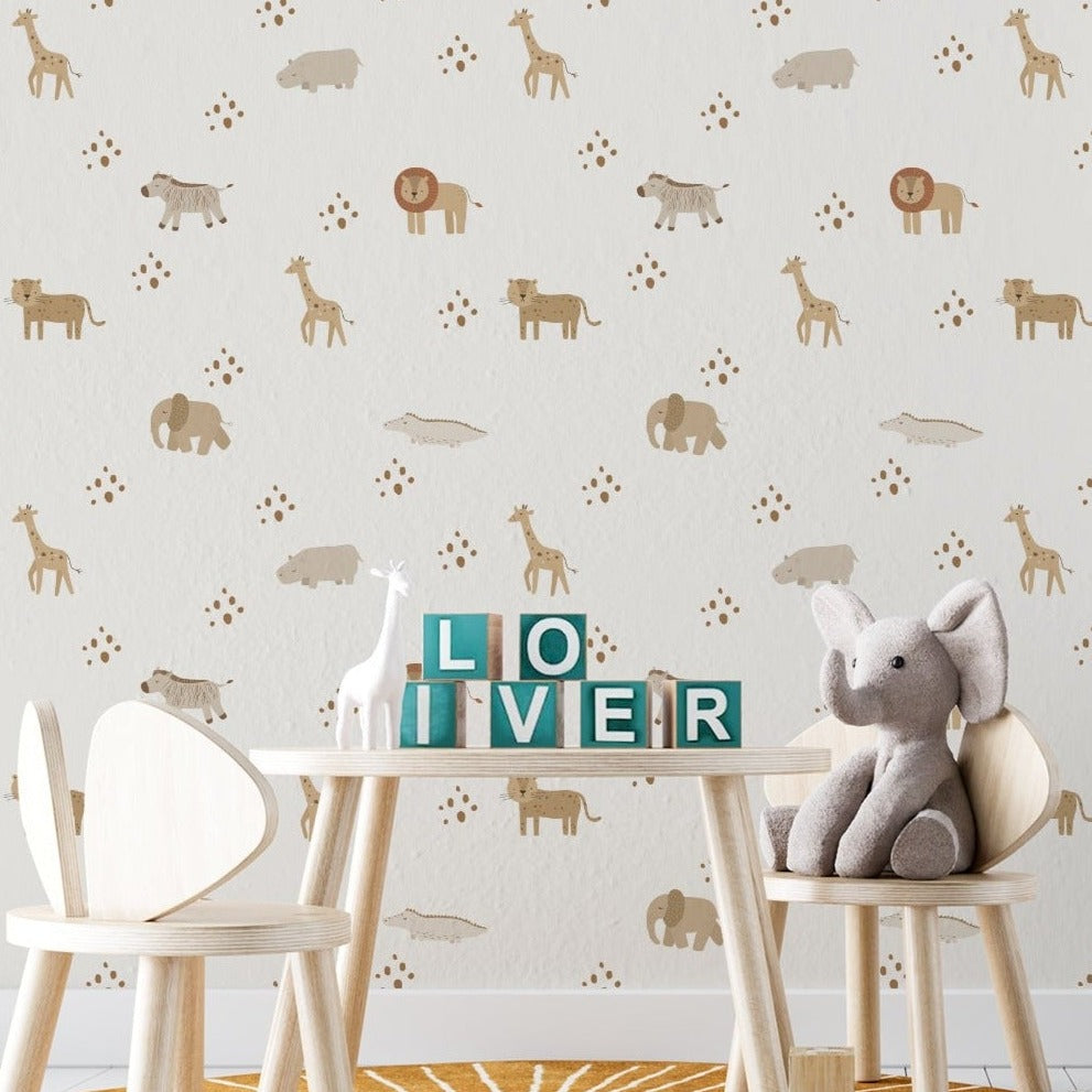 A child's play area is brightened by the Safari Animals Kids Wallpaper, with its array of gentle safari animals in soft colors, bringing a lively yet soothing atmosphere that stimulates a child's imagination and playfulness.