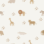 A seamless pattern of whimsical Safari Animals Kids Wallpaper features cute cartoon safari animals like lions, giraffes, crocodiles, and elephants interspersed with playful paw prints on a light background, perfect for a child's room or nursery.