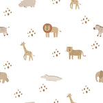 a close-up view of the Safari Animal Wallpaper, illustrating the gentle and whimsical illustrations of safari animals accompanied by small footprints. The color palette is composed of warm beige and brown tones, set against a neutral backdrop, perfect for a soft and inviting nursery or playroom.