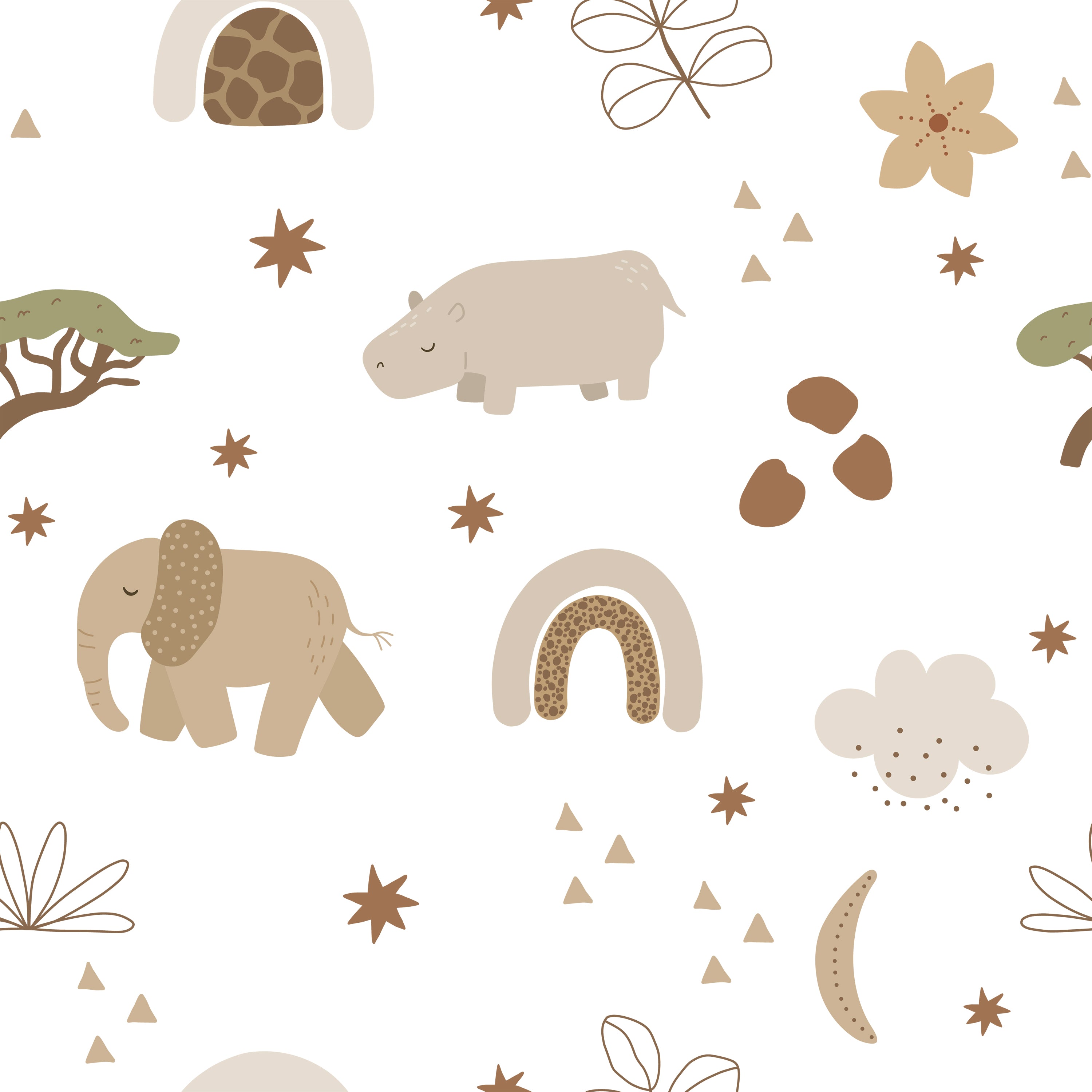 Child-friendly wallpaper pattern featuring a variety of safari animals such as elephants, hippos, and crocodiles in earthy tones of beige, brown, and green. The design includes whimsical trees, clouds, and decorative motifs like flowers and arches, all set against a soft white background