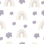 Rainbow and Clouds Kids Wallpaper featuring stylized rainbows with purple accents and playful clouds, arranged in a seamless pattern on a white background, perfect for a child's room