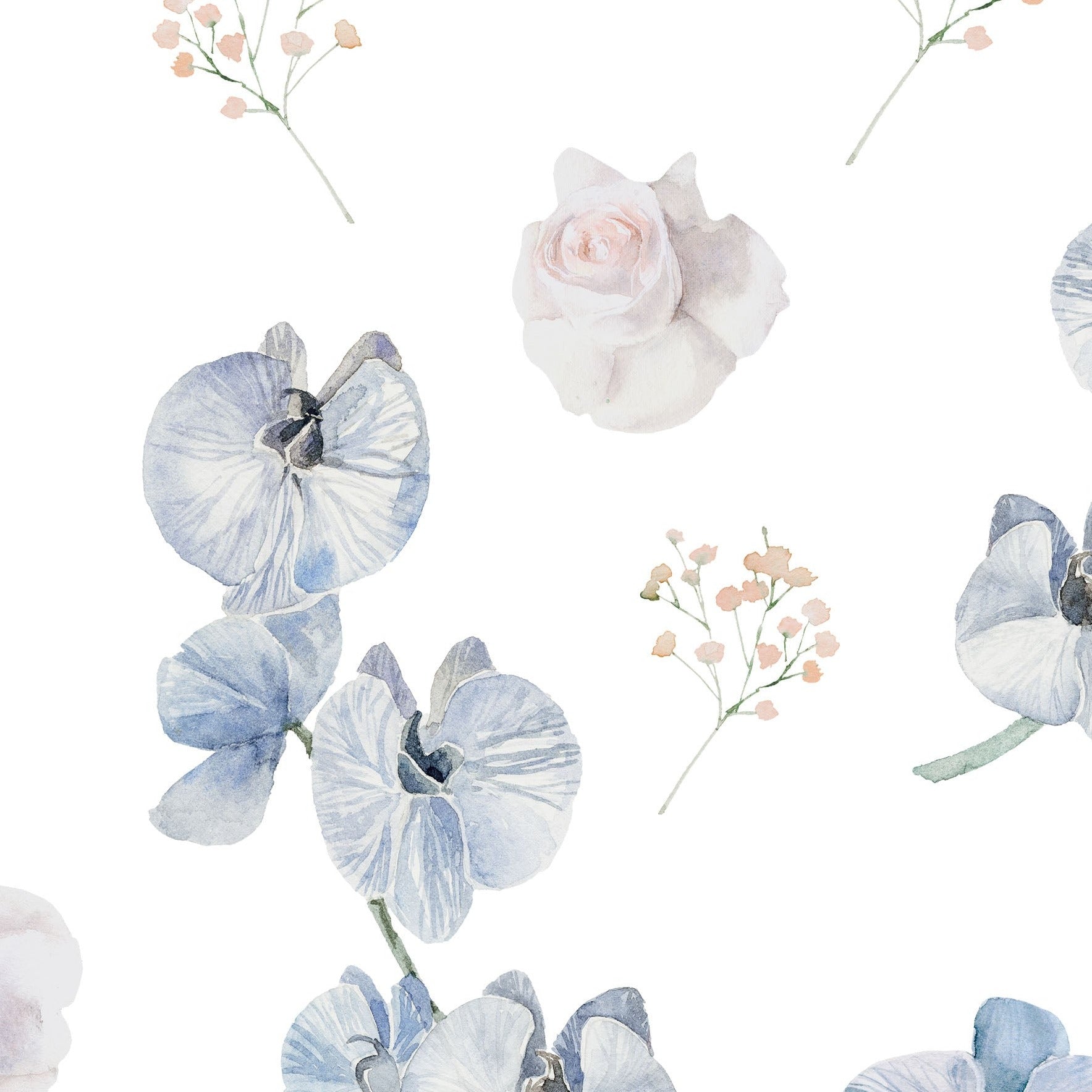 A close-up view of dreamy orchid wallpaper showcasing a delicate pattern of blue orchids, soft pink roses, and small sprigs of baby's breath on a light background. The detailed design and soft colors create a serene and elegant look, perfect for adding a touch of nature to any room.