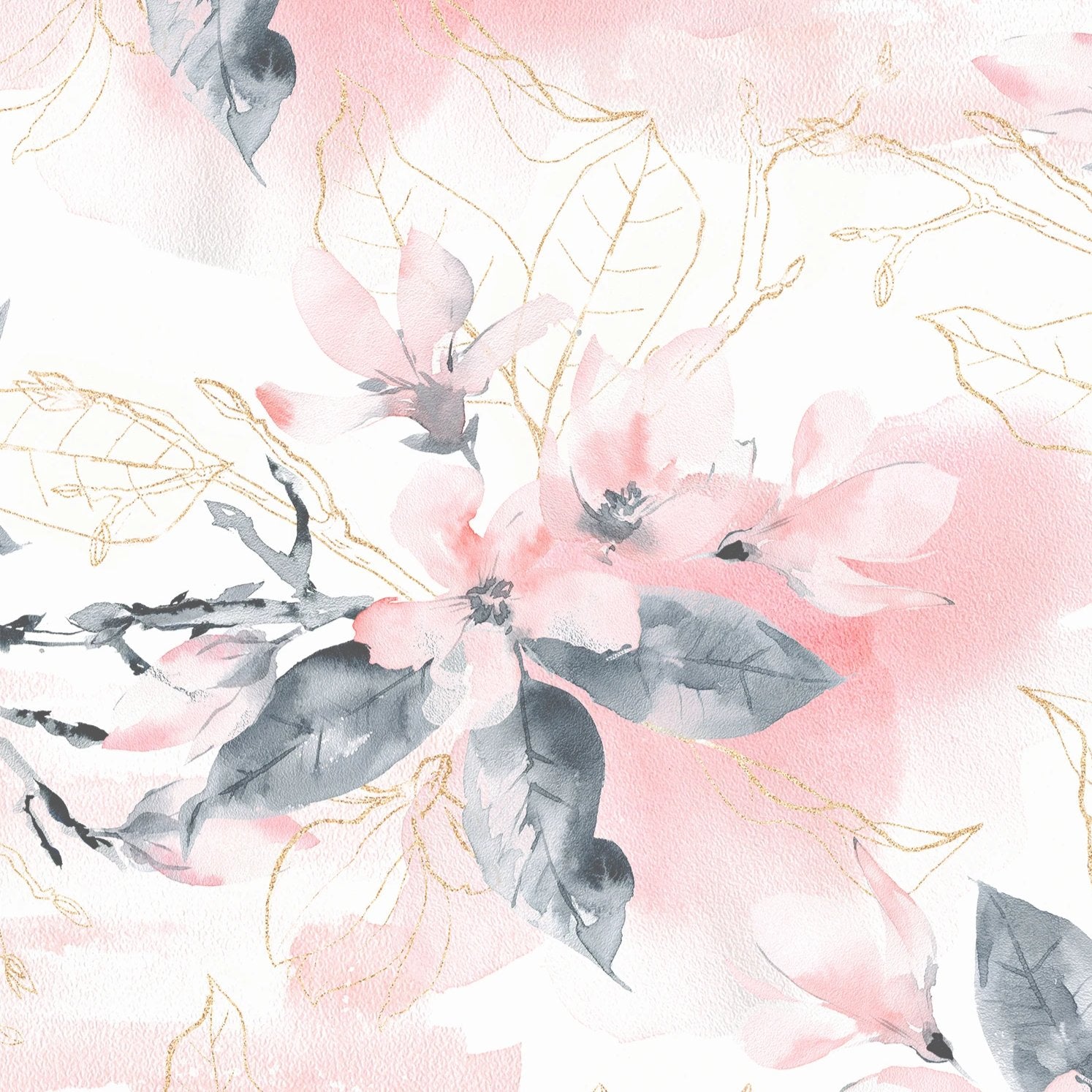 Delicate pink floral and golden branch design wallpaper from the Elegant Wisdom Wallpaper VIII collection, showcasing soft pink flowers with gray leaves and gold accents on a light pink background.