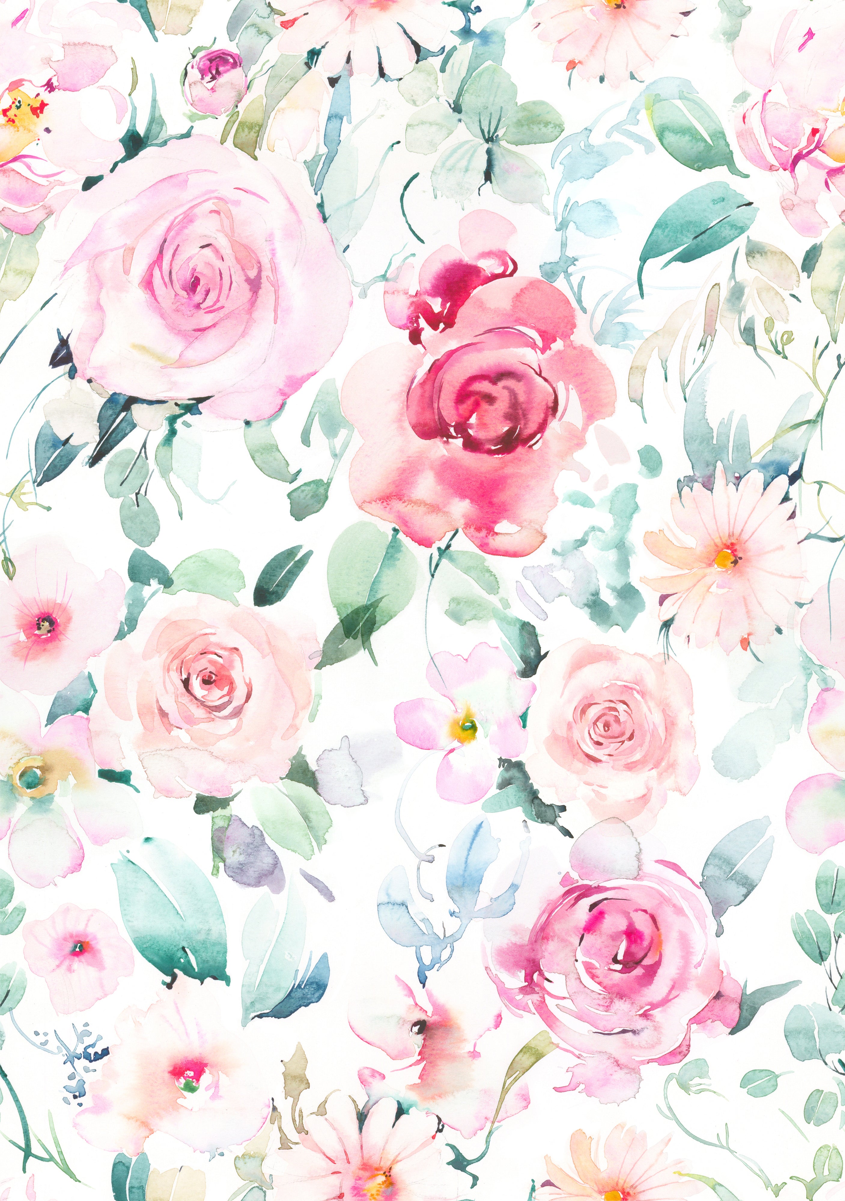 Close-up view of Pink Floral Wallpaper showcasing the delicate watercolor roses and greenery in pink, green, and white tones, highlighting the intricate details of the floral design.