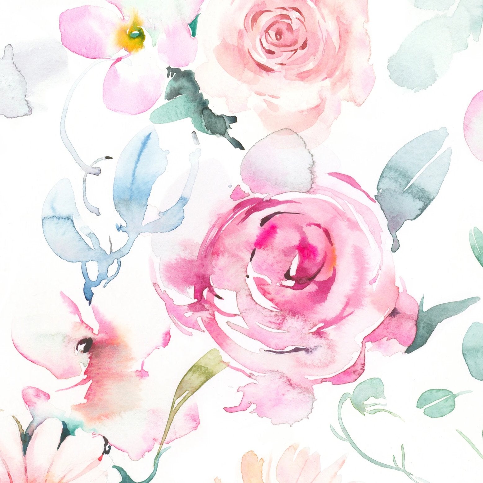 Close-up view of Pink Floral Wallpaper showcasing the delicate watercolor roses and greenery in pink, green, and white tones, highlighting the intricate details of the floral design.