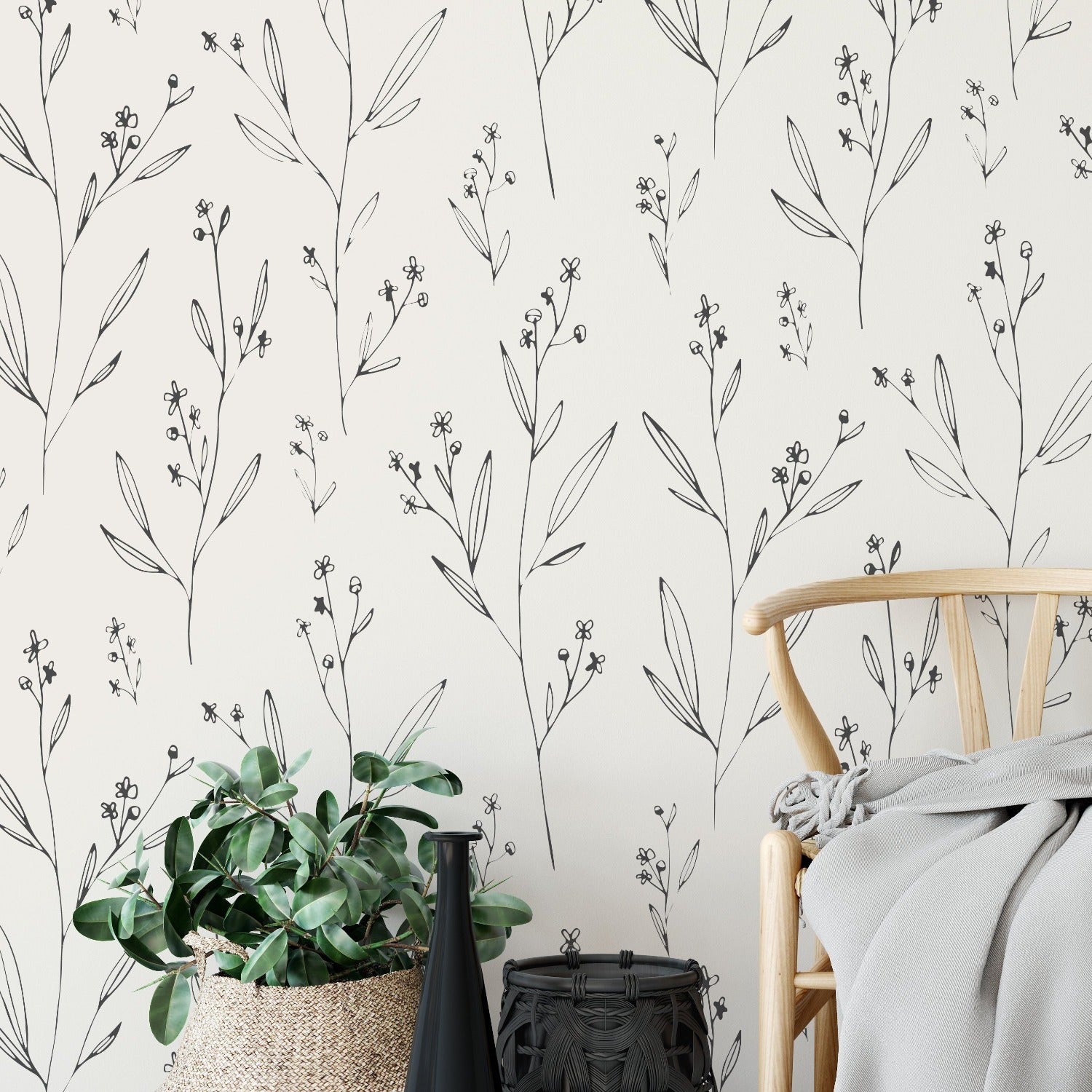 wallpaper, peel and stick wallpaper, home decor, Dainty minimal floral wallpaper, Living room wallpaper, Floral Wallpaper, 
