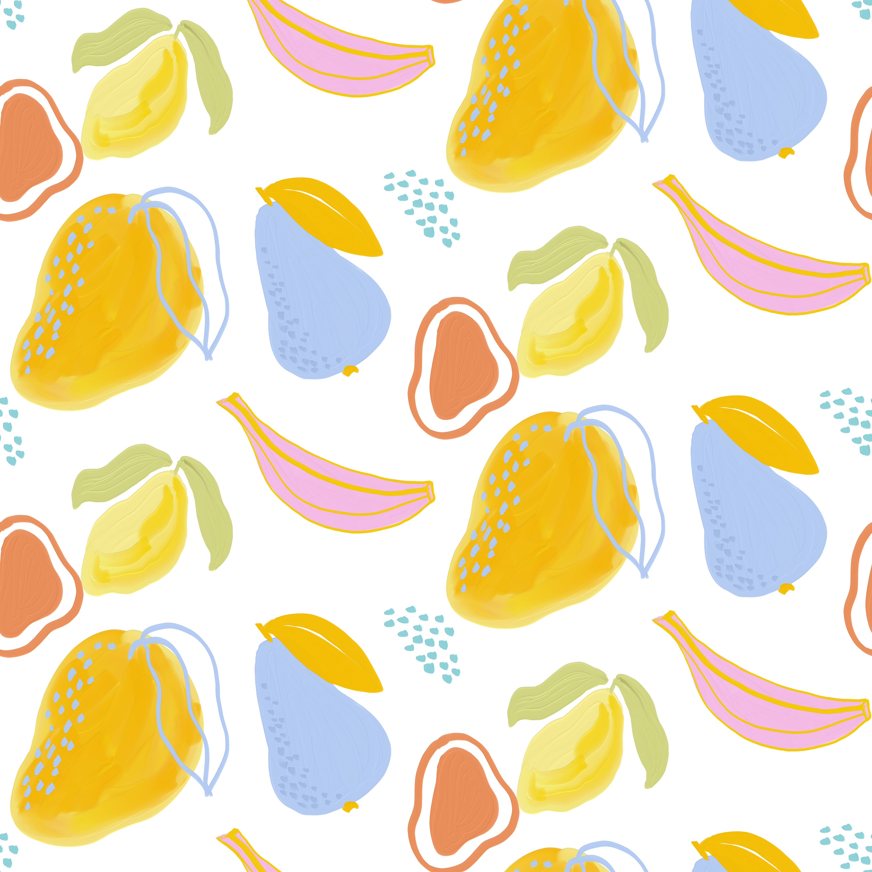 Close-up of Colourful Abstract Oil Fruit Wallpaper featuring pastel bananas, pears, and avocados.