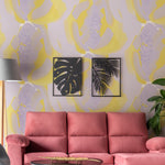 Modern living room decorated with abstract yellow and lavender fruit oil paint wallpaper