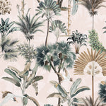 Detailed view of Exotic Tropical Wallpaper featuring various palm trees, birds, and a peacock amidst tropical foliage.