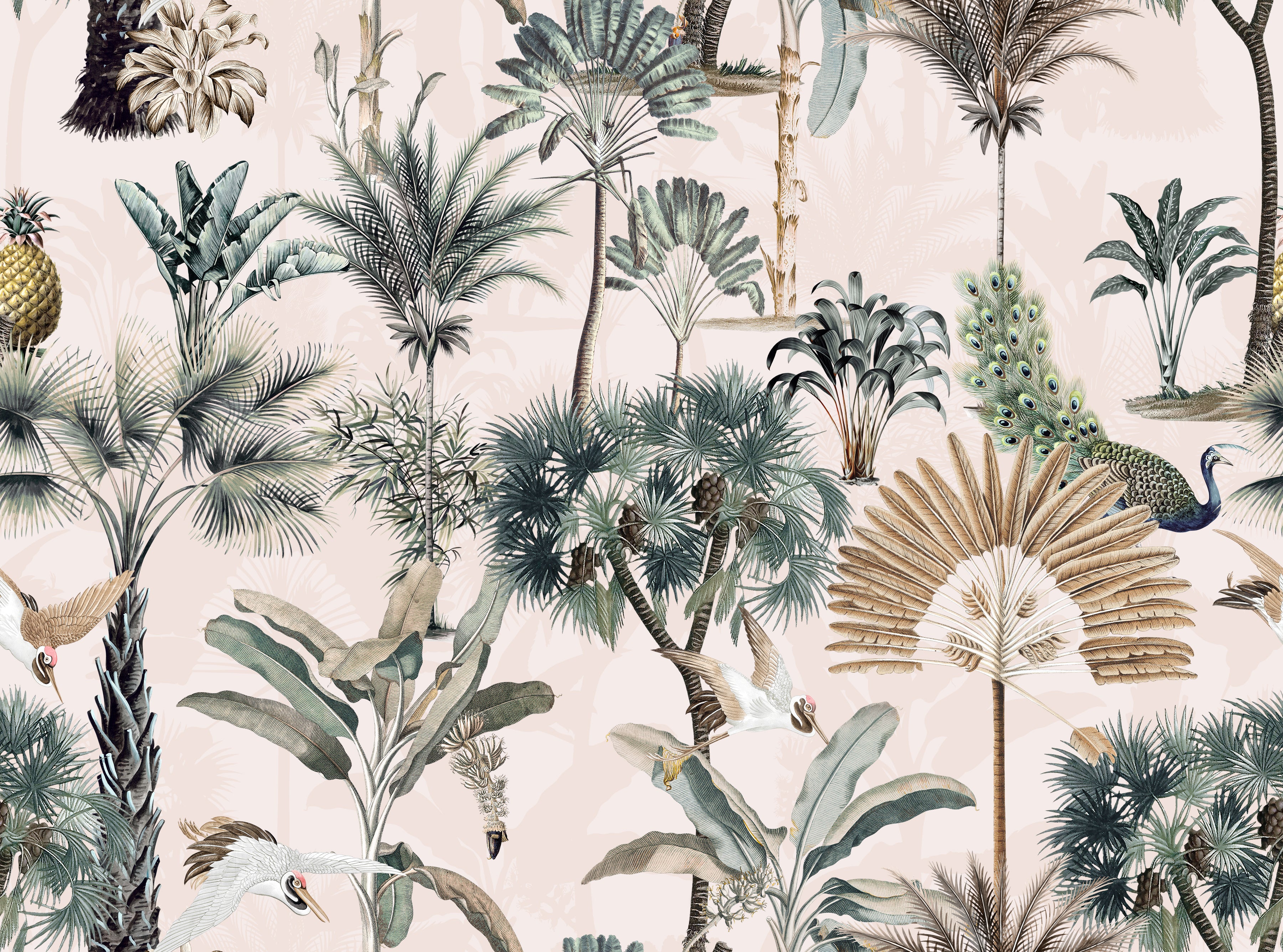 Detailed view of Exotic Tropical Wallpaper featuring various palm trees, birds, and a peacock amidst tropical foliage.
