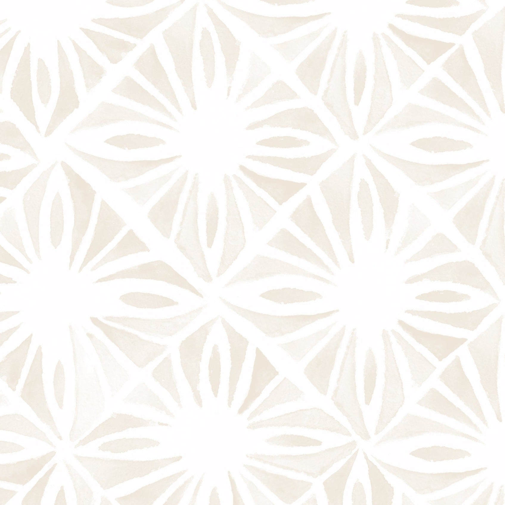 A close-up of the Moroccan Tile Wallpaper II - Ecru, highlighting the beautiful detail of the pattern. The design's soft ecru tones on a clean white base offer a contemporary yet timeless look suitable for any room looking for a touch of understated sophistication.