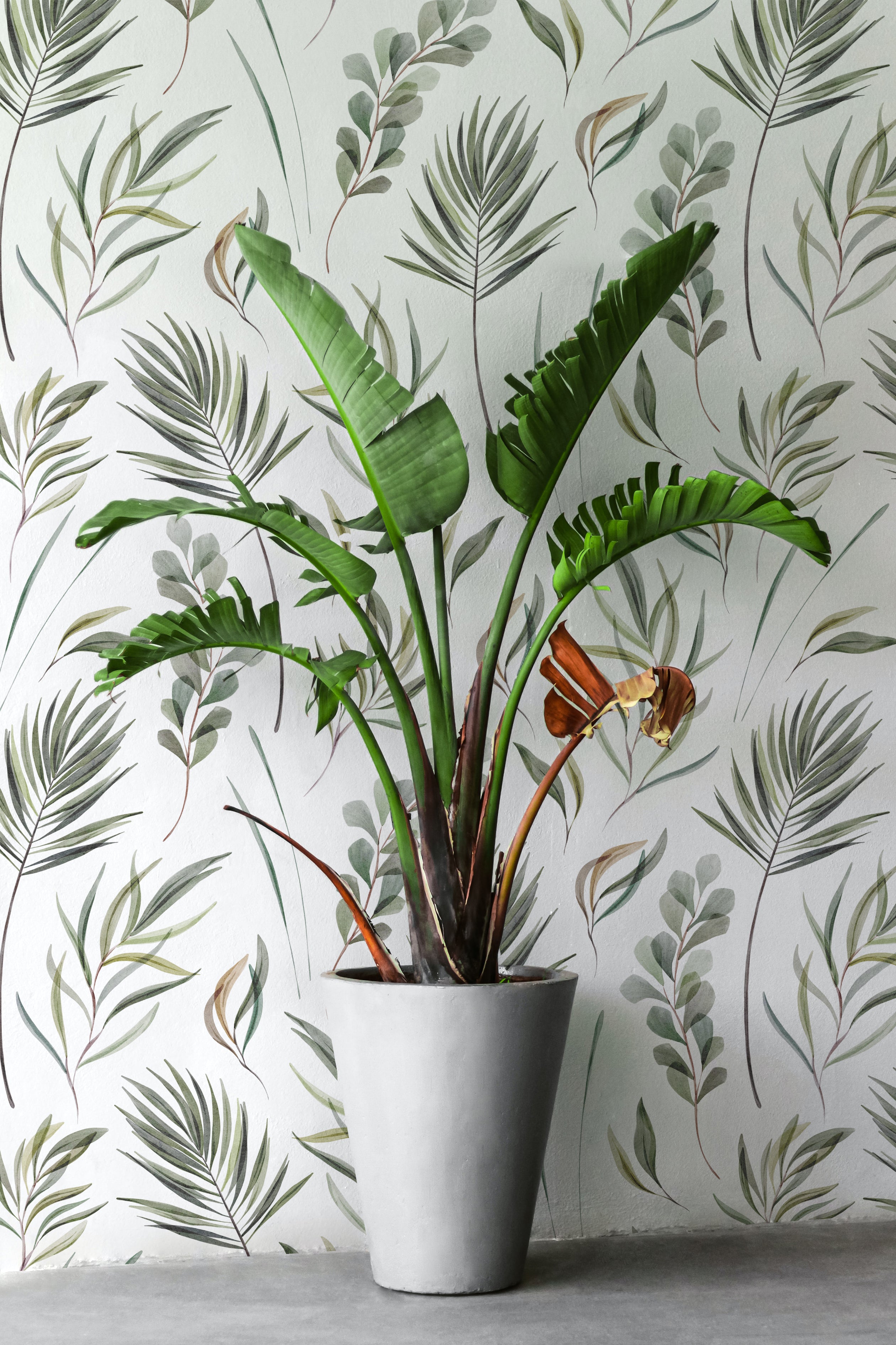 A vibrant indoor plant in a white pot stands against the Green Floral Wallpaper, which features a delicate array of green leaves and fronds, enhancing the fresh and organic atmosphere of the room.