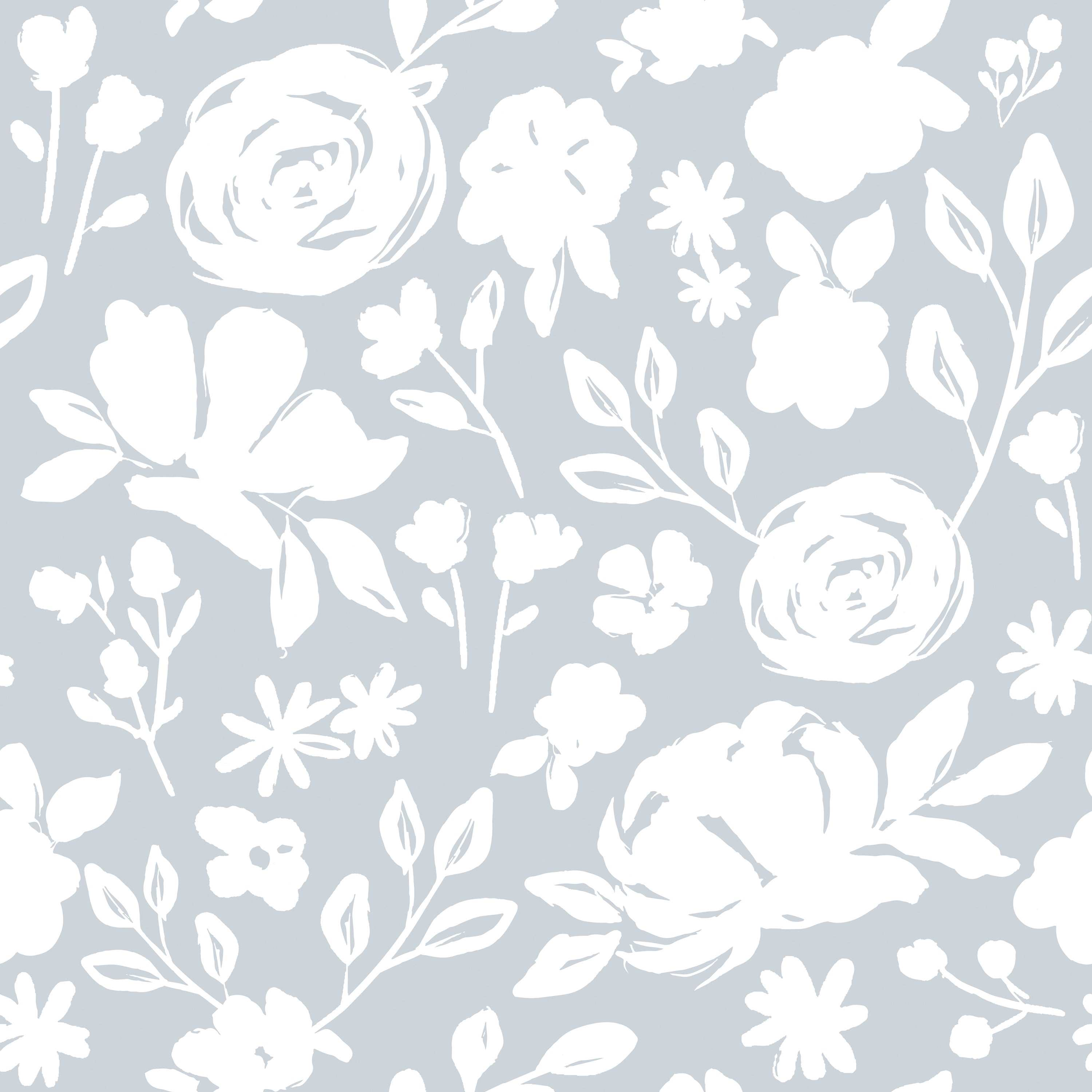 Seamless pattern of pale blue floral silhouettes on a clean white background. The design features stylized roses, blossoms, and foliage in a minimalist white hue, creating a soothing and elegant aesthetic for modern decor.