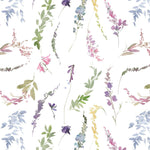 Close-up view of the Spring Fling Wallpaper featuring a vibrant watercolor floral pattern with assorted wildflowers and leaves in pastel shades of pink, purple, blue, and green on a white background