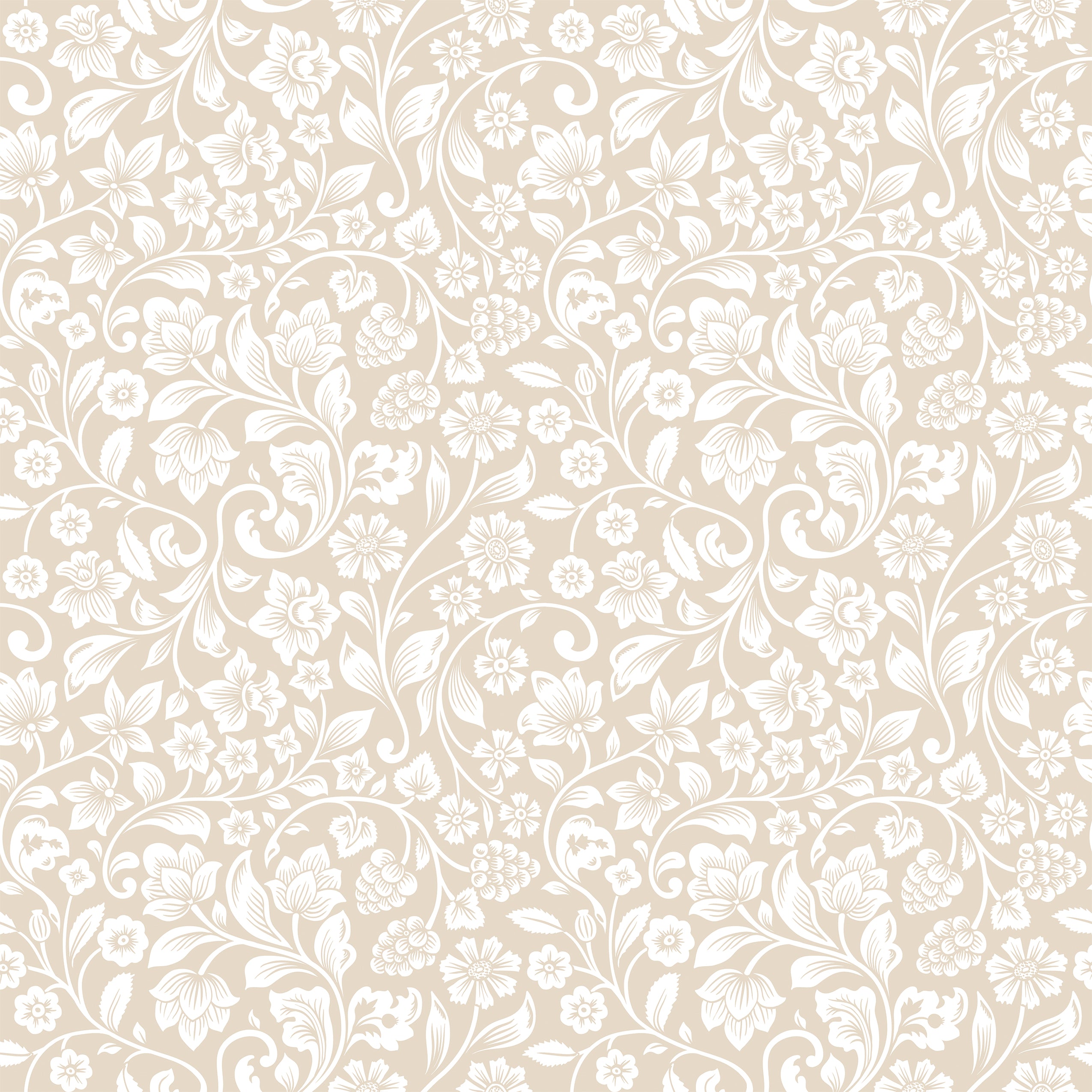 A seamless pattern of the 'Vintage Floral Wallpaper' featuring an elegant array of flowers and vines in shades of beige on an off-white background, conveying a classic and timeless design