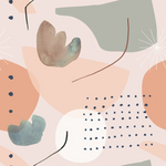 Close-up view of the Modern Watercolour Abstract Wallpaper, showcasing a soft and playful design with abstract watercolor shapes in pastel peach, muted teal, and earthy tones, complemented by scattered black dots and delicate white lines.