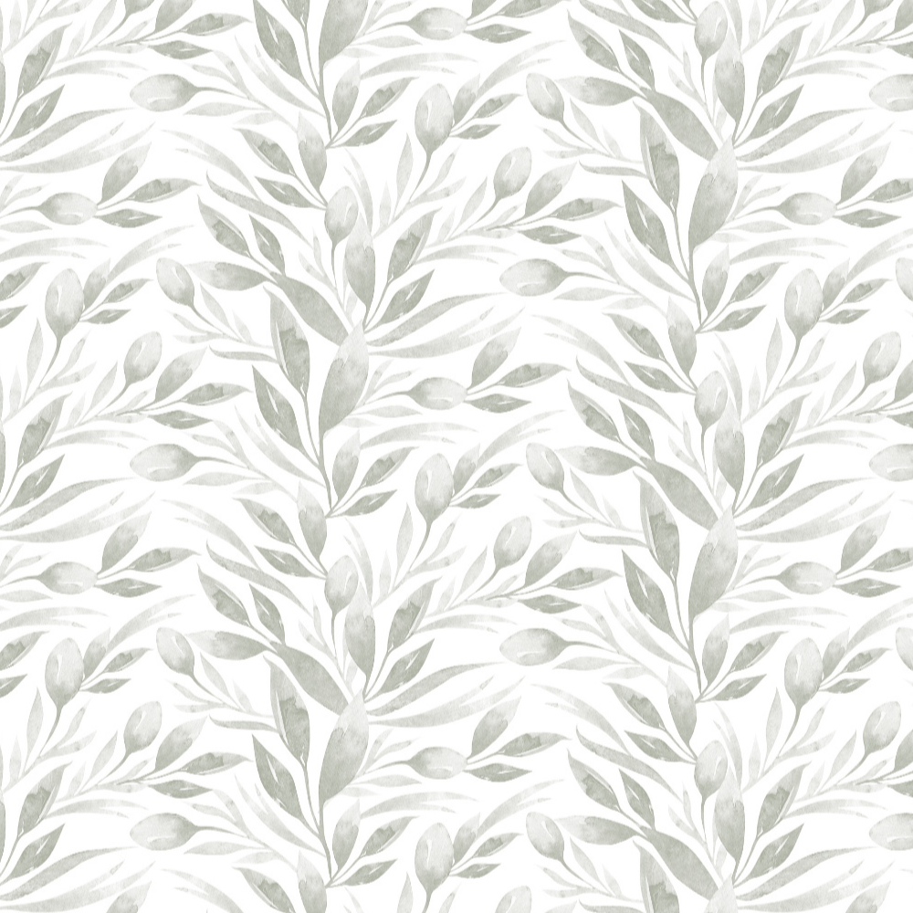 Close-up view of the Watercolour Spring Leaf Wallpaper showing its elegant watercolour leaf designs in soothing gray and green hues, perfect for creating a tranquil and nature-inspired space.