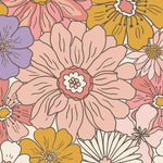 A close-up view of the Retro Groovy Flower Wallpaper featuring a dense pattern of vibrant, multicolored flowers in shades of pink, yellow, and purple against a neutral background.