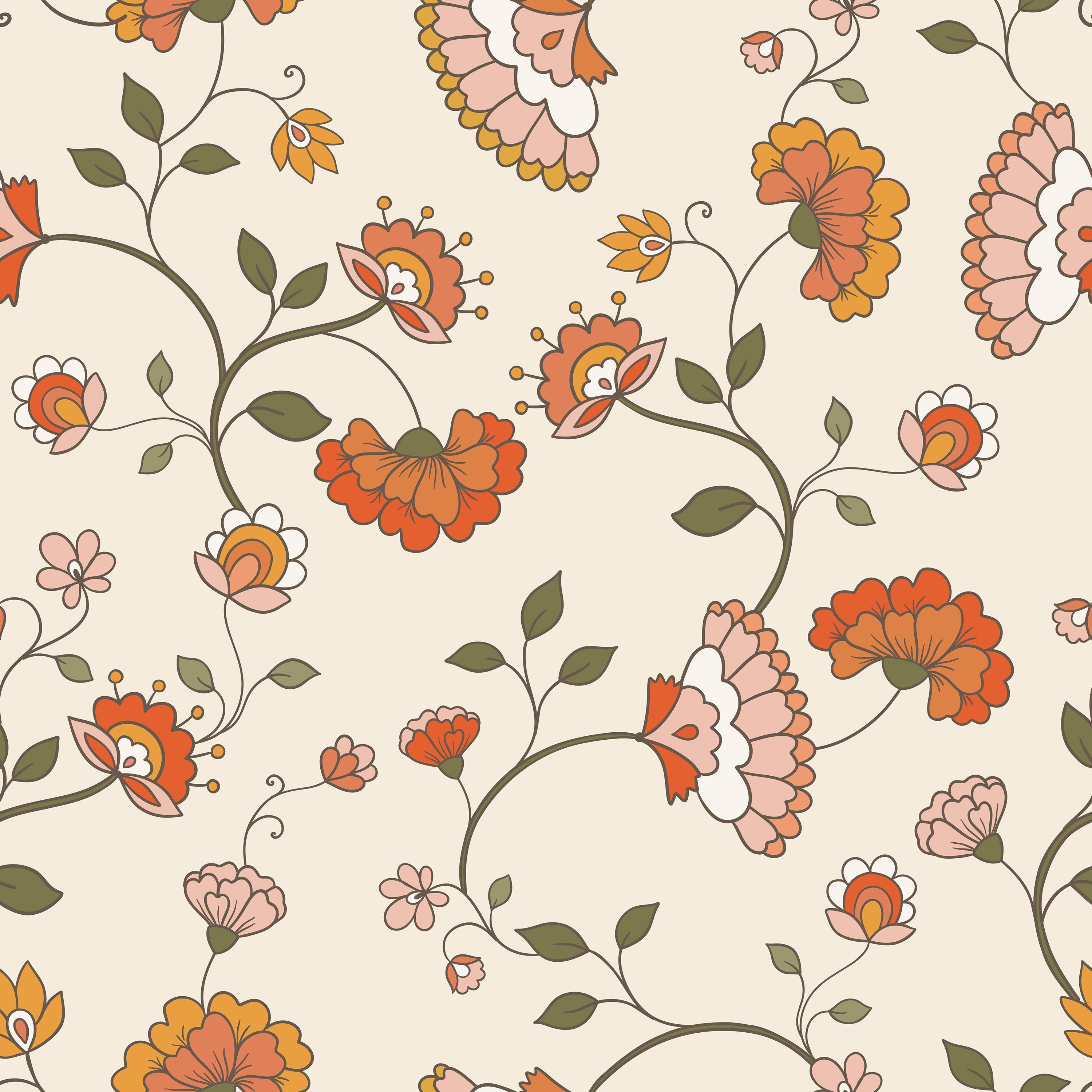 A close-up view of Retro Pattern Wallpaper, with a detailed floral pattern consisting of stylized orange and pink flowers connected by flowing green stems and leaves on a pale background.