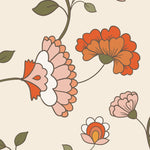 A close-up view of Retro Pattern Wallpaper, with a detailed floral pattern consisting of stylized orange and pink flowers connected by flowing green stems and leaves on a pale background.