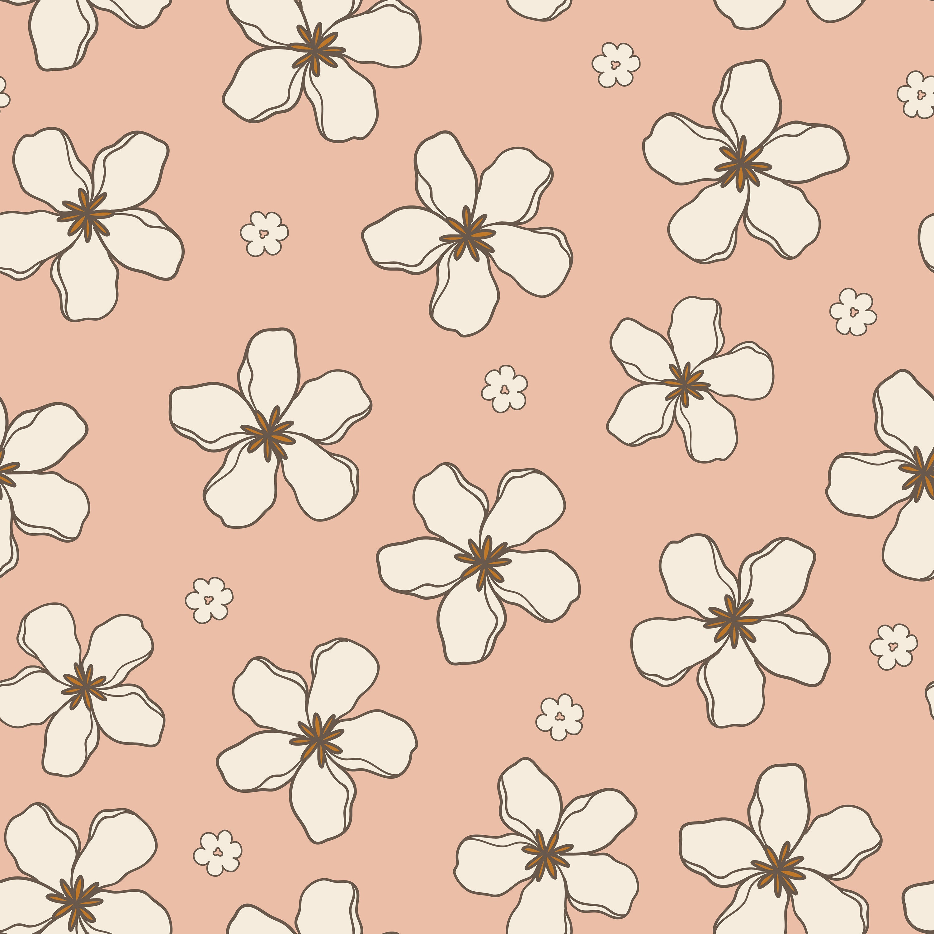 A close-up view of the Retro Pink Flowers Wallpaper, featuring large white flowers with golden centers spread across a soft pink background, creating a fresh and charming appearance.