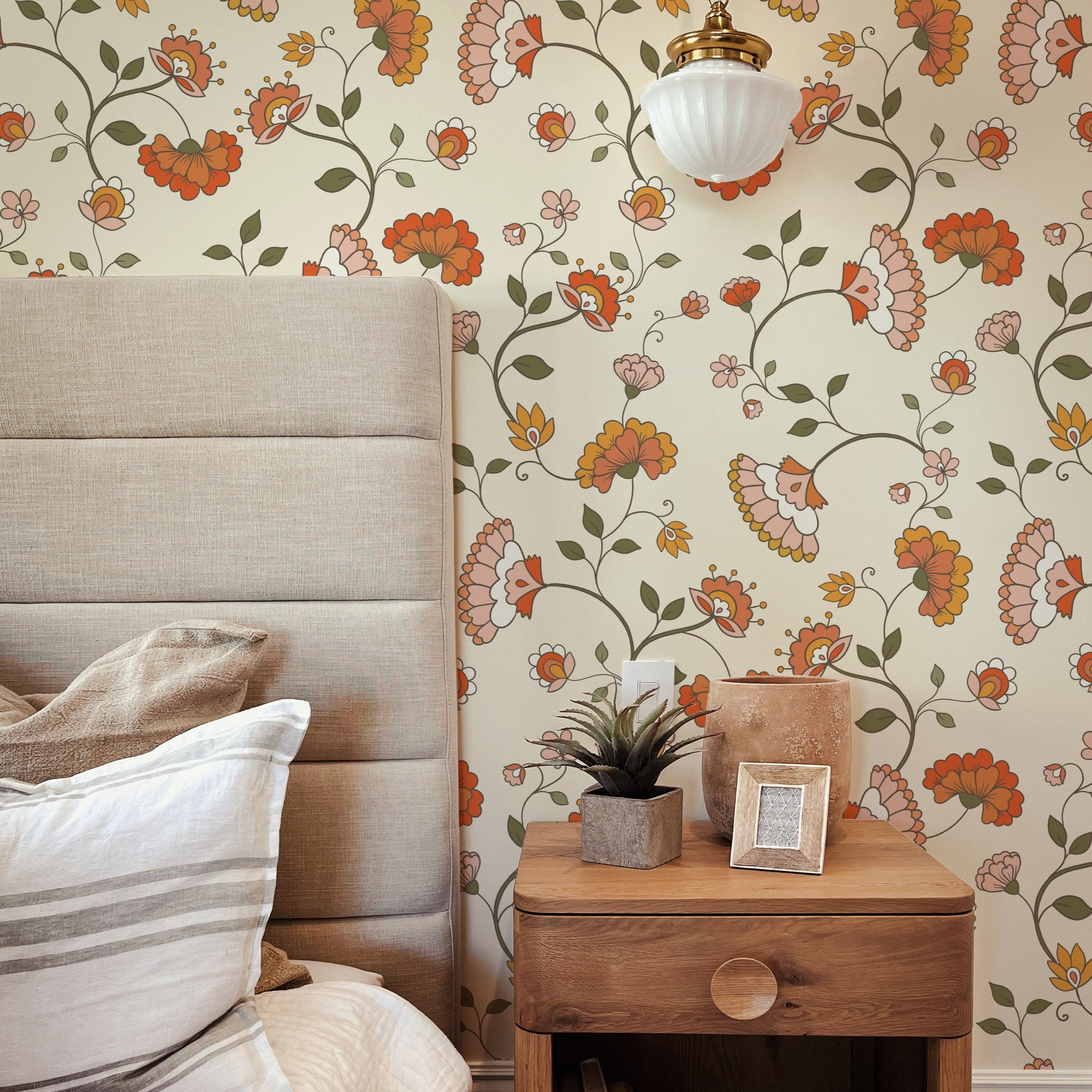 wallpaper, peel and stick wallpaper, Home decor, retro pattern wallpaper, multicolor wallpaper, orange wallpaper, green wallpaper, retro wallpaper, floral wallpaper, 