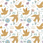 Close-up view of the Pastel Bird Wallpaper, featuring golden birds surrounded by delicate pastel flowers and green foliage, offering a cheerful and vibrant pattern.