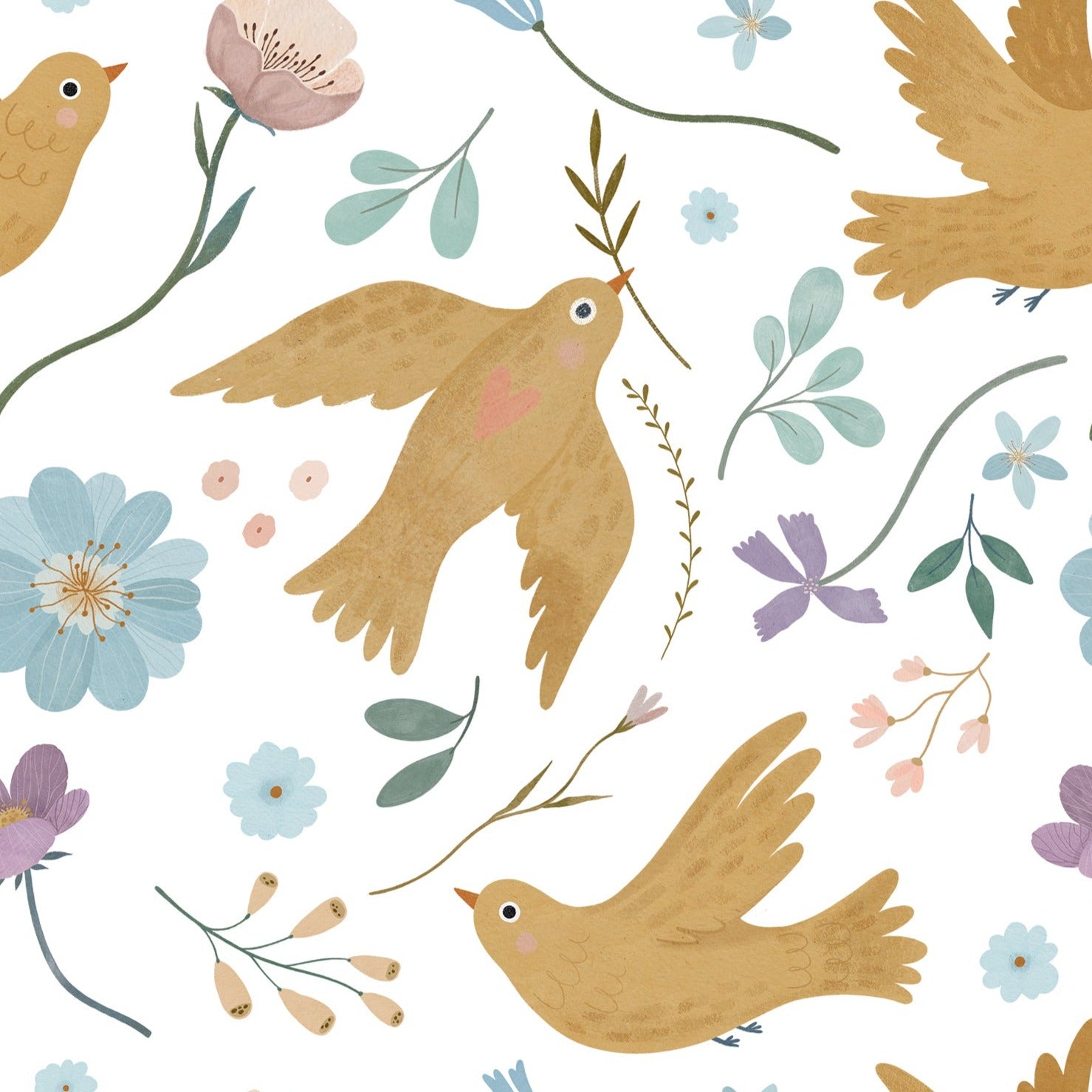 Close-up view of the Pastel Bird Wallpaper, featuring golden birds surrounded by delicate pastel flowers and green foliage, offering a cheerful and vibrant pattern.